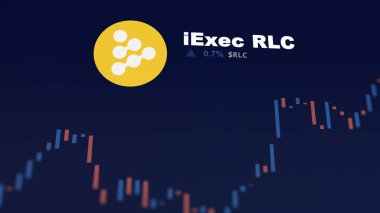 5 Aralık 2023. Bir telefondaki iExec RLC 'nin fiyatını analiz eden bir yatırımcı, kripto takası için RLC $.