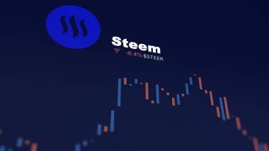 5 Aralık 2023. Telefondaki Steem 'in fiyatını analiz eden bir yatırımcı. Kripto değiş tokuşunda STEEM $' lık bozuk para..