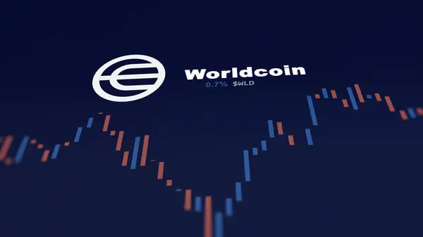 5 Aralık 2023. Bir telefondaki Worldcoin 'in fiyatını analiz eden bir yatırımcı. Şifreli bir değiş tokuş için WLD $..