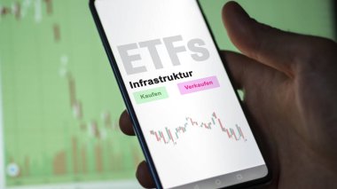 Aralık 2022. Bir yatırımcı telefon ekranı Infrastruktur-ETF 'lerdeki ETF fonunu analiz eder. Almanca metin: Kaufen, Verkaufen, Infrastruktur satın al, sat, altyapı