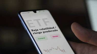 Etf fonunu analiz eden bir yatırımcı. İspanyolca ETF metni: düşük dalgalanma riski tartıldı, alındı ve satıldı.