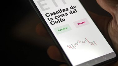 Etf fonunu analiz eden bir yatırımcı. İspanyolca ETF metni: Körfez Kıyısı benzini, al, sat.
