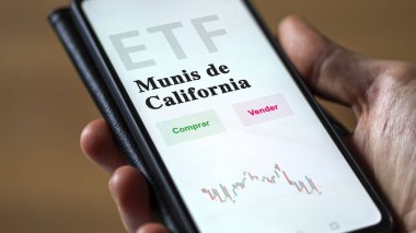 An investor analyzing an etf fund. ETF text in Spanish : California munis, buy, sell.