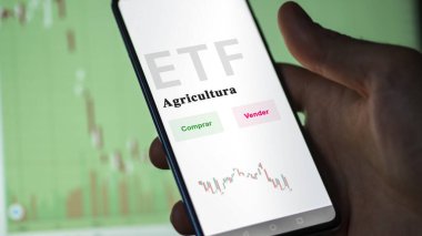 Etf fonunu analiz eden bir yatırımcı. İspanyolca ETF metni: tarım, satın alma ve satma.