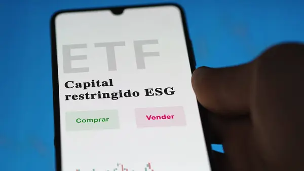 An investor analyzing an etf fund. ETF text in Spanish : Constrained Capital ESG, buy, sell.
