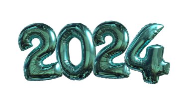 2024 yılının parlak deniz mavisi balon numaraları siyah arka planda izole edilmiş. Dikey biçim.