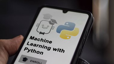 Student enrolls to Machine Learning with Python program on a phone, upskilling certification by e-learning