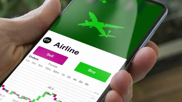 Exchange-traded fund chart, invest in stock market data on smartphone of airline. Business analysis of a trend. Investing in international funds. Buying blue chips air transport strategic ETF