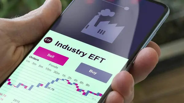 Exchange-traded fund chart, invest in stock market data on smartphone of industry. Business analysis of a trend. Investing in international funds. Buying blue chips industries strategic ETF