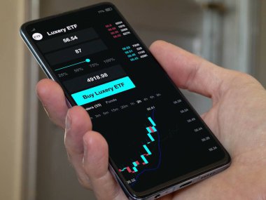 Değiş tokuş yapılmış fon şeması, lüks akıllı telefonlara borsa verilerine yatırım. Bir eğilimin iş analizi. Uluslararası fonlara yatırım yapmak. Mavi çiplerin satın alınması stratejik ETF