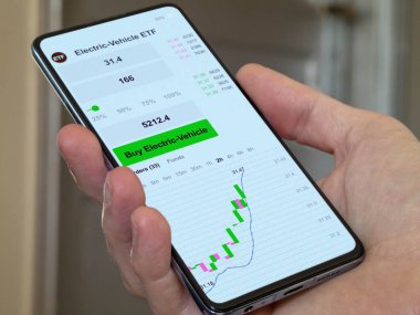 Değiş tokuş edilmiş fon şeması, elektrikli arabanın akıllı telefonundaki borsa verilerine yatırım. Bir eğilimin iş analizi. Uluslararası fonlara yatırım yapmak. Mavi çiplerin satın alınması stratejik ETF