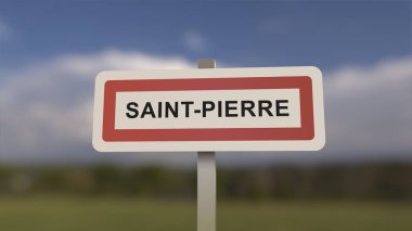 Saint-Pierre kasaba girişinde bir işaret, Saint Pierre şehrinin işareti. Alpes-de-Haute-Provence 'de bir kasabaya giriş..