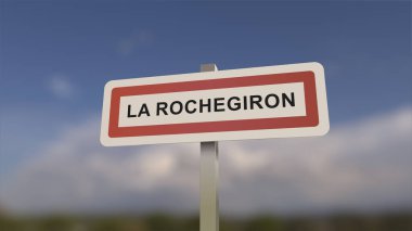 La Rochegiron kasaba girişinde bir işaret, La Rochegiron şehrinin işareti. Alpes-de-Haute-Provence 'de bir kasabaya giriş..