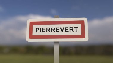 Pierrevert kasabasının girişinde bir işaret, Pierrevert şehrinin işareti. Alpes-de-Haute-Provence 'de bir kasabaya giriş..