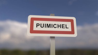 Puimichel kasabasının girişinde bir işaret, Puimichel şehrinin işareti. Alpes-de-Haute-Provence 'de bir kasabaya giriş..