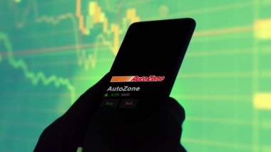 15 Ocak 2024. Takas ekranındaki AutoZone logosu. AutoZone fiyat hisseleri, bir aygıtta AZO $.