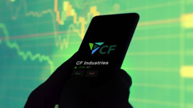 15 Ocak 2024. Değiş tokuş ekranında CF Endüstri 'nin logosu. CF Endüstri hisse senedi fiyatları, cihazda CF $.