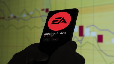 15 Ocak 2024. Elektronik Sanatlar logosu bir değiş tokuş ekranında. Elektronik Sanatlar hisse senetleri, cihaza EA $.
