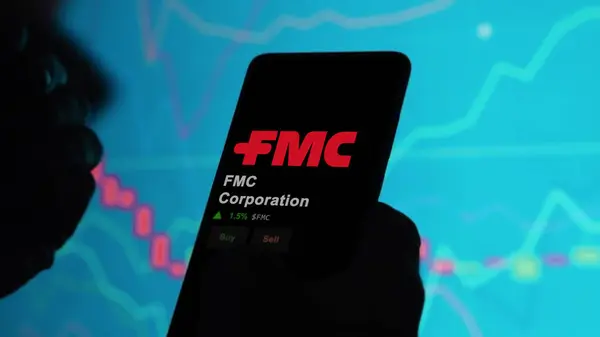 stock image January 15th 2024. The logo of FMC Corporation on the screen of an exchange. FMC Corporation price stocks, $FMC on a device.