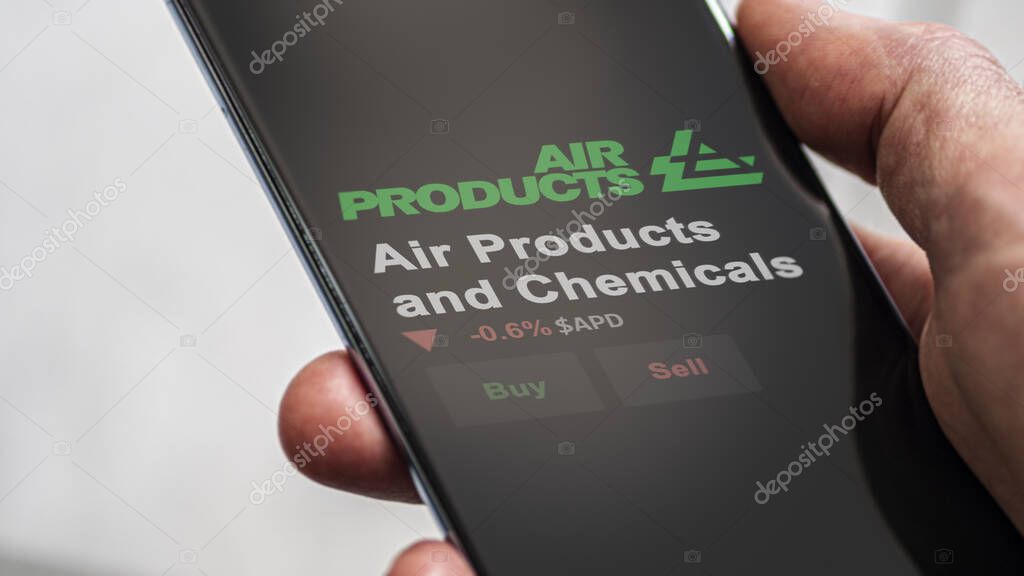 January 15th 2024. The logo of Air Products and Chemicals on the screen of an exchange. Air Products and Chemicals price stocks, $APD on a device.
