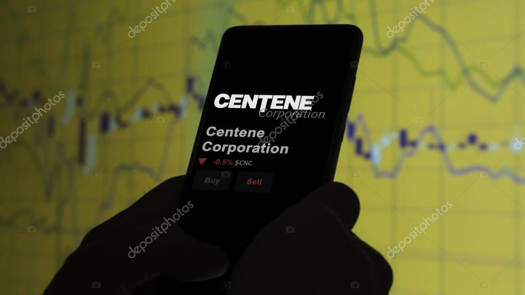 January 15th 2024. The logo of Centene Corporation on the screen of an exchange. Centene Corporation price stocks, $CNC on a device.