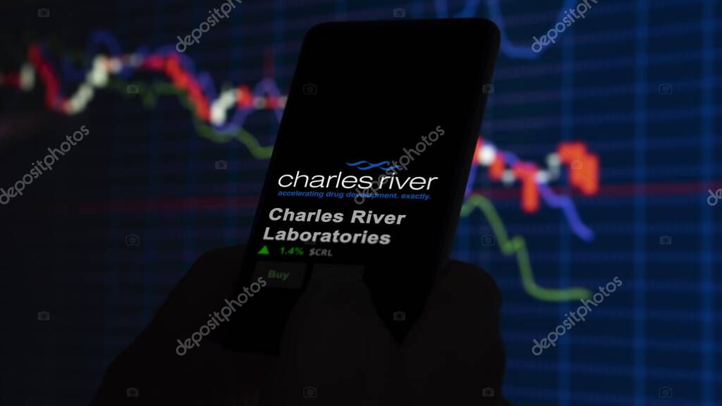 January 15th 2024. The logo of Charles River Laboratories on the screen of an exchange. Charles River Laboratories price stocks, $CRL on a device.