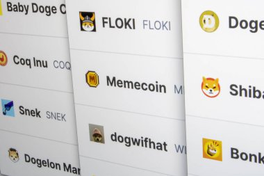 March 1rst 2024 Crypto exchange screen focused on meme coins category, as BONK, SHIB, FLOKI, PEPE, MEME, ELON, SNEK, COQ, WIF, CORGIAI or BabyDoge. clipart