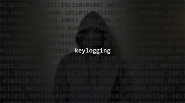 Cyber attack keylogging text in foreground screen, anonymous hacker hidden with hoodie in the blurred background. Vulnerability text in binary system code on editor program. clipart