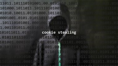 Cyber attack cookie stealing text in foreground screen, anonymous hacker hidden with hoodie in the blurred background. Vulnerability text in binary system code on editor program. clipart