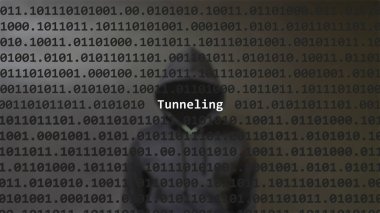 Cyber attack tunneling text in foreground screen, anonymous hacker hidden with hoodie in the blurred background. Vulnerability text in binary system code on editor program. clipart