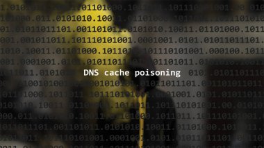 Cyber attack dns cache poisoning text in foreground screen, anonymous hacker hidden with hoodie in the blurred background. Vulnerability text in binary system code on editor program. clipart
