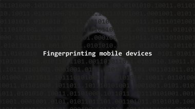 Cyber attack fingerprinting mobile devices text in foreground screen, anonymous hacker hidden with hoodie in the blurred background. Vulnerability text in binary system code on editor program. clipart