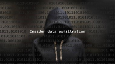 Cyber attack insider data exfiltration text in foreground screen, anonymous hacker hidden with hoodie in the blurred background. Vulnerability text in binary system code on editor program. clipart