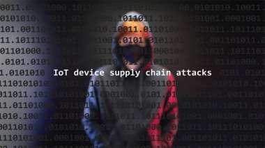 Cyber attack iot device supply chain attacks text in foreground screen, anonymous hacker hidden with hoodie in the blurred background. Vulnerability text in binary system code on editor program. clipart