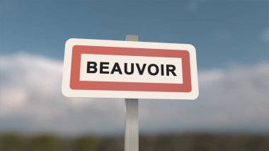 Beauvoir şehir simgesi. Beauvoir kasabasının girişi, Seine-et-Marne, Fransa