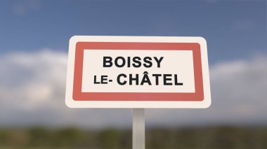 Boissy-le-Chatel 'in şehir işareti. Boissy le Chatel 'in girişi, Seine-et-Marne, Fransa
