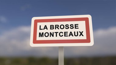 La Brosse-Montceaux şehir simgesi. La Brosse Montceaux şehrinin girişi, Seine-et-Marne, Fransa