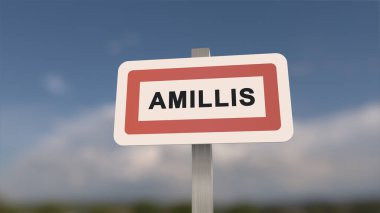 Amillis 'in şehir işareti. Amillis 'in girişi, Seine-et-Marne, Fransa