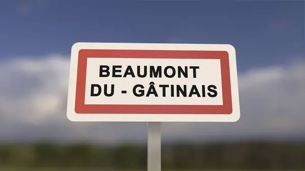 City sign of Beaumont-du-Gatinais. Entrance of the town of Beaumont du Gatinais in, Seine-et-Marne, France