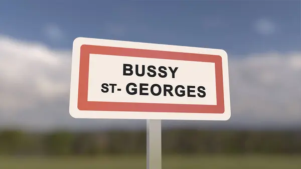 City sign of Bussy-Saint-Georges. Entrance of the town of Bussy Saint Georges in, Seine-et-Marne, France