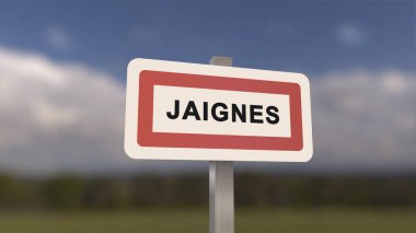 Jaignes şehir işareti. Jaignes 'in girişi, Seine-et-Marne, Fransa