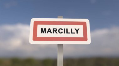 Marcilly 'nin şehir işareti. Marcilly 'nin girişi, Seine-et-Marne, Fransa