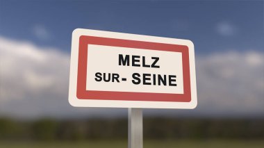 Melz-sur-Seine şehir işareti. Melz sur Seine 'in girişi, Seine-et-Marne, Fransa