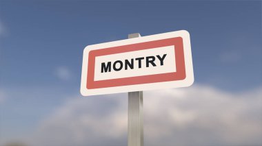 Montry 'nin şehir işareti. Montry şehrinin girişi, Seine-et-Marne, Fransa