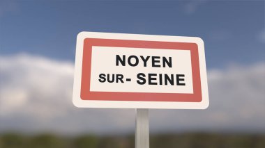 Noyen-sur-Seine şehir işareti. Noyen sur Seine 'in girişi, Seine-et-Marne, Fransa