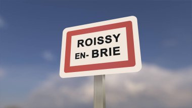 Şehir simgesi Roissy-en-Brie. Roissy en Brie şehrinin girişi, Seine-et-Marne, Fransa