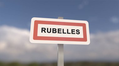 Rubelles 'in şehir işareti. Rubelles 'in girişi, Seine-et-Marne, Fransa