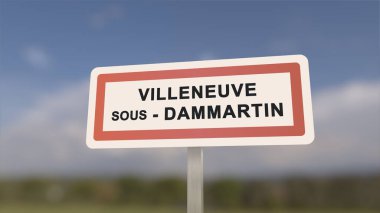 Villeneuve-sous-Dammartin şehir işareti. Villeneuve soous Dammartin 'in girişi, Seine-et-Marne, Fransa