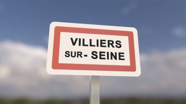 Villiers-sur-Seine şehir işareti. Villiers sur Seine 'in girişi, Seine-et-Marne, Fransa