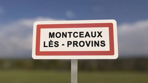 City sign of Montceaux-les-Provins. Entrance of the town of Montceaux les Provins in, Seine-et-Marne, France